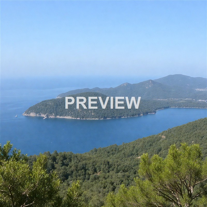 A scenic view of a large body of water surrounded by lush green forested hills and mountains under a clear blue sky.